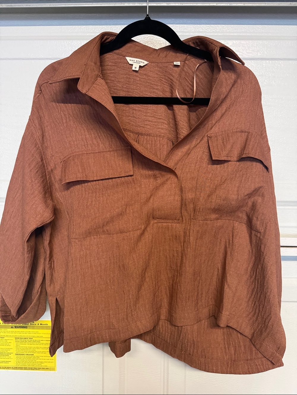Max Studio Rust Brown Button-Neck Utility Top